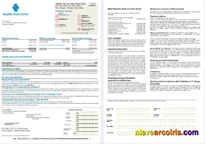 Trinidad and Tobago Republic Bank mortgage statement, 2 pages